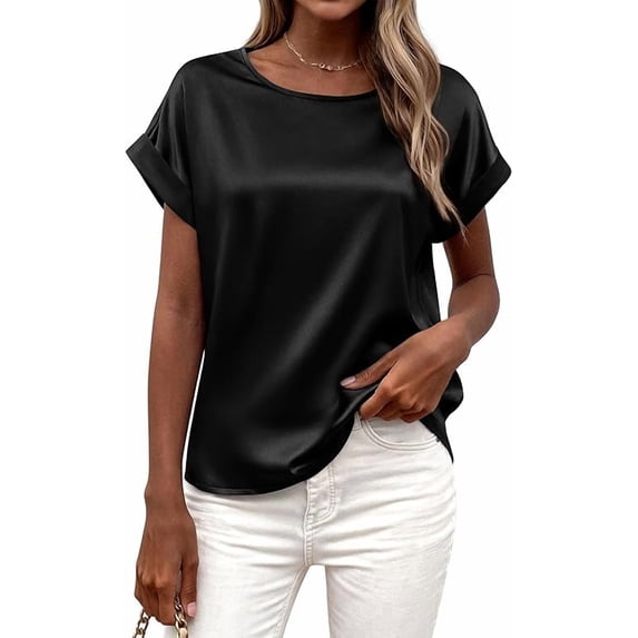 FreshPretty Womens Summer Tops Satin Silk Crewneck Short Sleeve Shirts Work Business Outfits Spring Blouses Dressy Casual