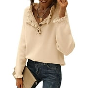FRESHPRETTY Womens Sweaters Fall Winter Clothes Long Sleeve Button Down Ruffle Crew Neck Casual Knitted Pullover Tops