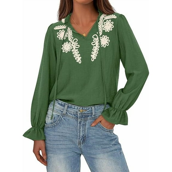 FreshPretty Womens Tops Dressy Casual Fall Boho V Neck Ruffle Long Sleeve Shirts Floral Embroidered Work Business Blouses