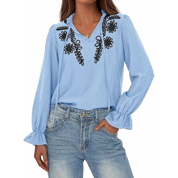 FreshPretty Womens Tops Dressy Casual Fall Boho V Neck Ruffle Long Sleeve Shirts Floral Embroidered Work Business Blouses