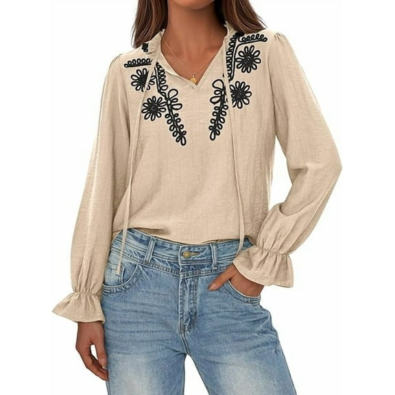 FreshPretty Womens Tops Dressy Casual Fall Boho V Neck Ruffle Long Sleeve Shirts Floral Embroidered Work Business Blouses