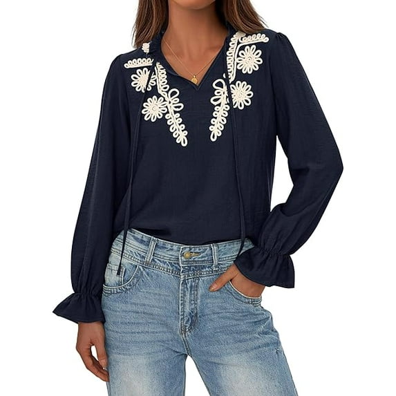 FreshPretty Womens Tops Dressy Casual Fall Boho V Neck Ruffle Long Sleeve Shirts Floral Embroidered Work Business Blouses