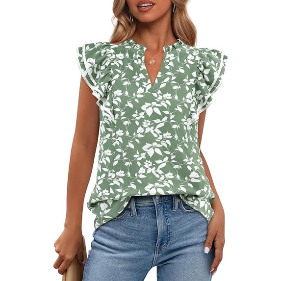 FreshPretty Womens Tops Dressy Casual Spring Summer Shirts Boho Floral V Neck Ruffle Cap Sleeve Business Work Blouses