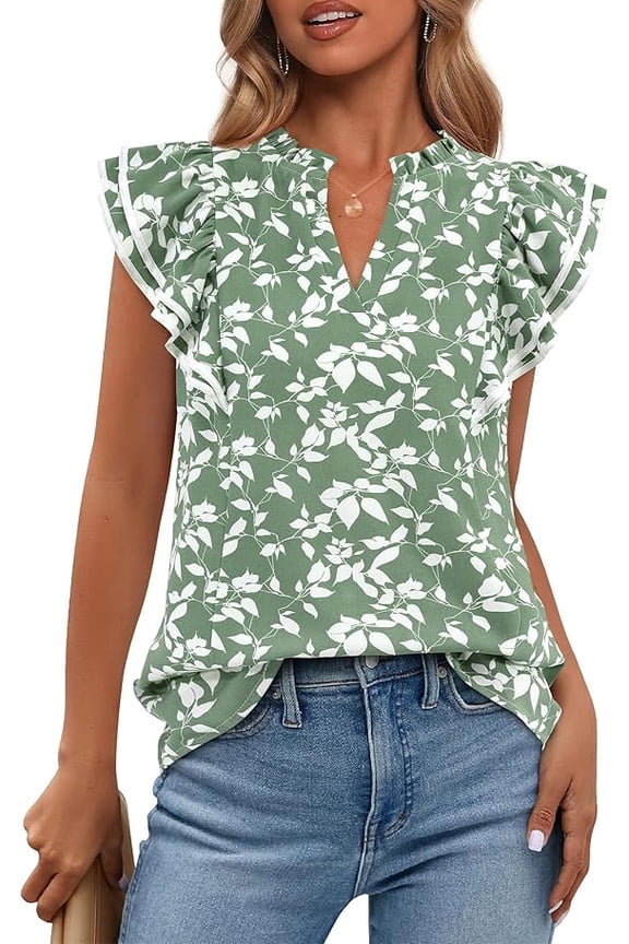 Womens Tops Dressy Casual Spring Summer Shirts Boho Floral V Neck Ruffle Cap Sleeve Business Work Blouses