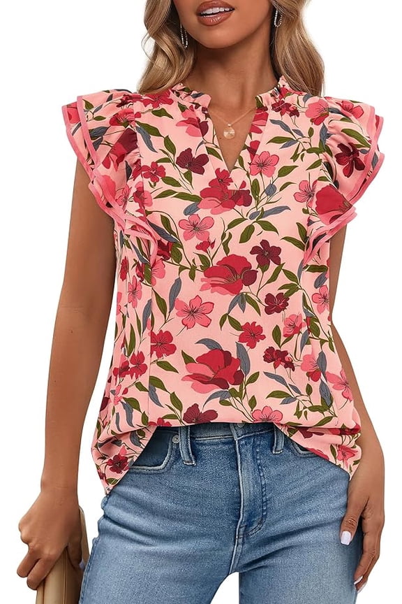 Womens Tops Dressy Casual Spring Summer Shirts Boho Floral V Neck Ruffle Cap Sleeve Business Work Blouses