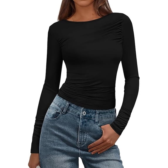 FreshPretty Womens Tops Dressy Casual Workout Outfits Fall Long Sleeve Shirts Boat Neck Ruched Bodycon Going Out Top
