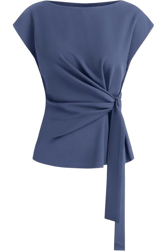 Womens Tops Summer Cap Sleeve Crew Neck Tie Waist Blouses Dressy Casual Business Work Clothes Spring Fashion