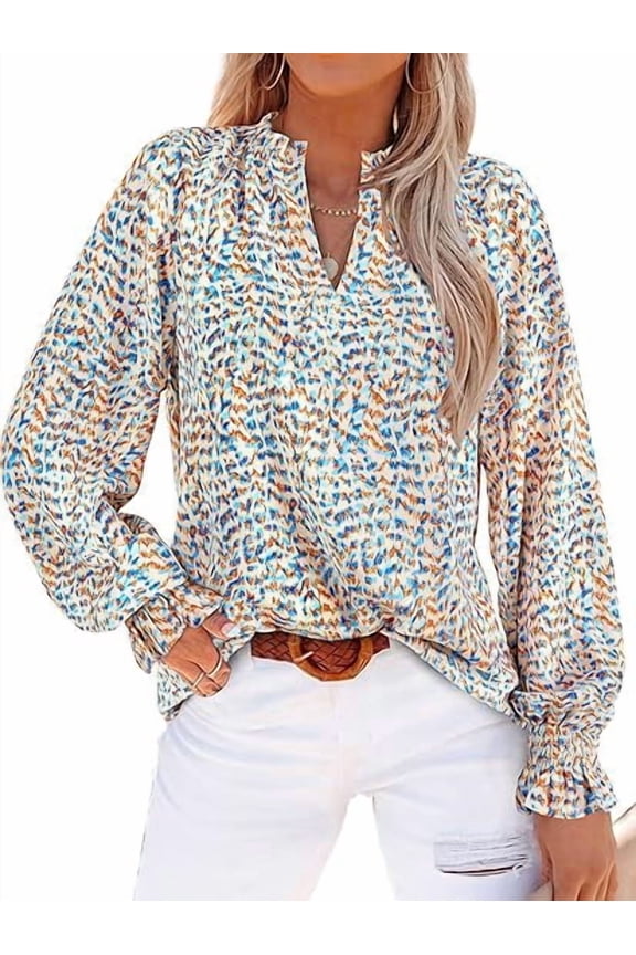 Womens V Neck Floral Long Sleeve Tops Summer Casual Loose Puff Sleeve Chiffon Boho Work Blouse Dressy T Shirts