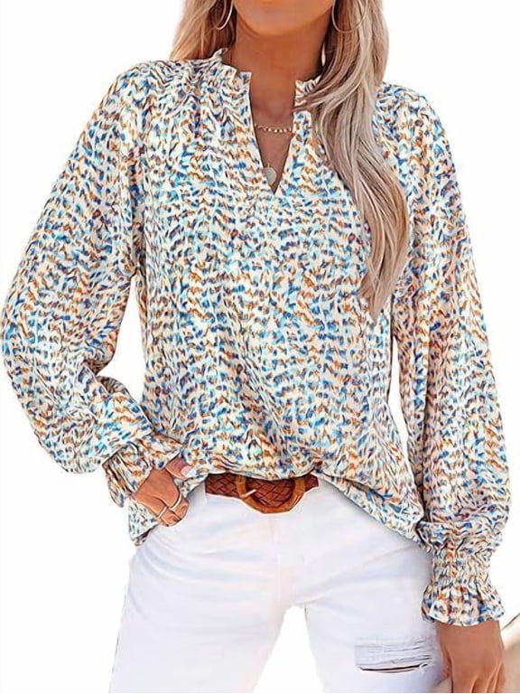 Womens V Neck Long Sleeve Tops Summer Casual Loose Puff Sleeve Chiffon Boho Work Blouse Dressy T Shirts