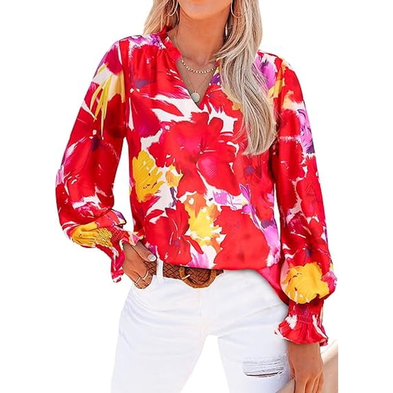 FreshPretty Womens V Neck Floral Long Sleeve Tops Summer Casual Loose Puff Sleeve Chiffon Boho Work Blouse Dressy T Shirts
