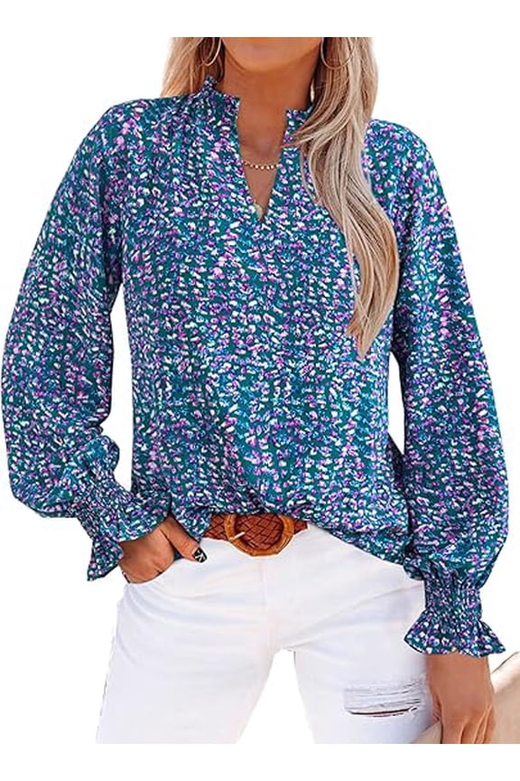 Womens V Neck Floral Long Sleeve Tops Summer Casual Loose Puff Sleeve Chiffon Boho Work Blouse Dressy T Shirts