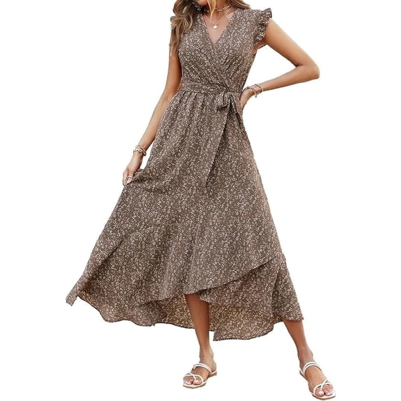 FreshPrettySummer Floral Maxi Dress for Women Vacation Ruffle Sleeve V Neck Belt Wrap Spring Beach Wedding Guest Dresses