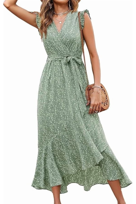 Summer Floral Maxi Dress for Women Vacation Ruffle Sleeve V Neck Belt Wrap Spring Beach Wedding Guest Dresses