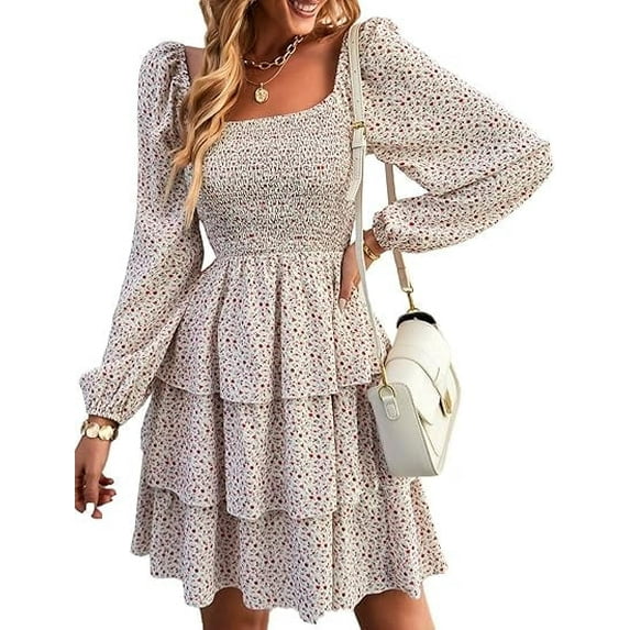 FreshPrettyWomen Square Neck Smocked Dresses Summer Spring Long Sleeve Floral Swiss Dot Mini Boho Wedding Guest Dress