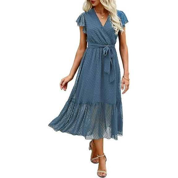 FreshPrettyWomen Summer Bohemian Floral Casual Wrap V Neck Ruffle Cap Sleeveless Belt A-Line Pleated Hem Midi Sun Dress White
