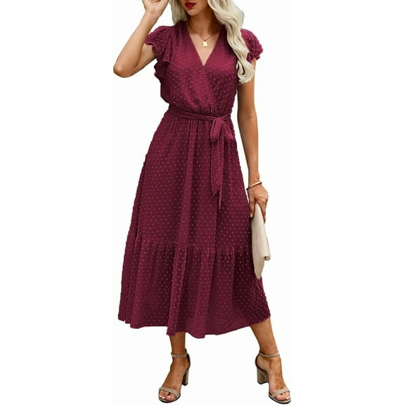 FreshPrettyWomen Summer Bohemian Floral Casual Wrap V Neck Ruffle Cap Sleeveless Belt A-Line Pleated Hem Midi Sun Dress White