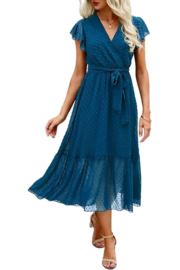 Women Summer Bohemian Floral Casual Wrap V Neck Ruffle Cap Sleeveless Belt A-Line Pleated Hem Midi Sun Dress White