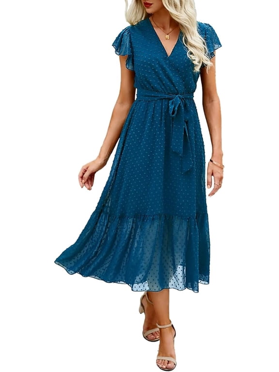 Women Summer Bohemian Floral Casual Wrap V Neck Ruffle Cap Sleeveless Belt A-Line Pleated Hem Midi Sun Dress White