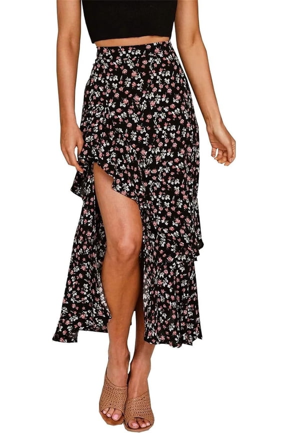Women Summer Spring Boho Long Skirts Dress Floral Print Elastic Waist Split Ruffle High Low Beach Maxi Skirt