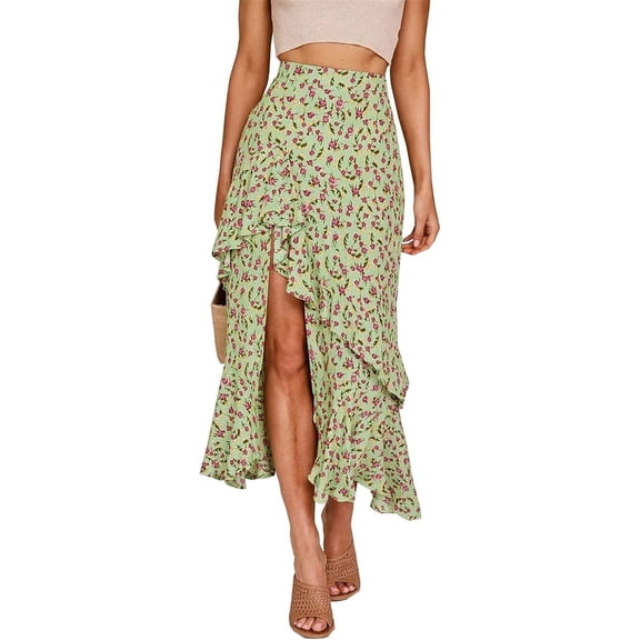 FreshPrettyWomen Summer Spring Boho Long Skirts Dress Floral Print Elastic Waist Split Ruffle High Low Beach Maxi Skirt