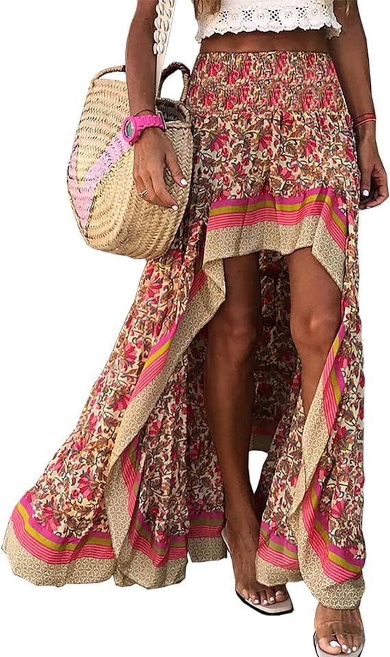 Floral Maxi  Summer Beach Par Evening round Ne mid Waist Long Skirt Seven Printed