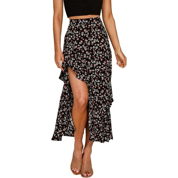 FreshPrettyWomen Summer Spring Boho Long Skirts Dress Floral Print Elastic Waist Split Ruffle High Low Beach Maxi Skirt