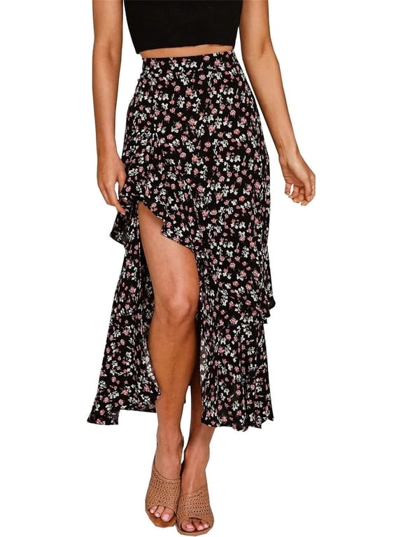 Women Summer Spring Boho Long Skirts Dress Floral Print Elastic Waist Split Ruffle High Low Beach Maxi Skirt