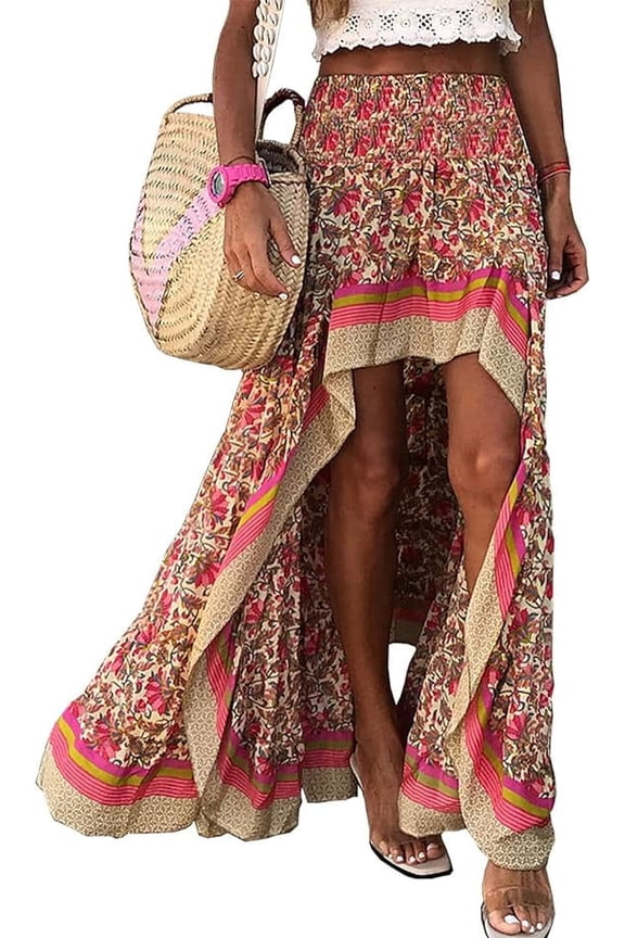 Women Summer Spring Boho Long Skirts Dress Floral Print Elastic Waist Split Ruffle High Low Beach Maxi Skirt