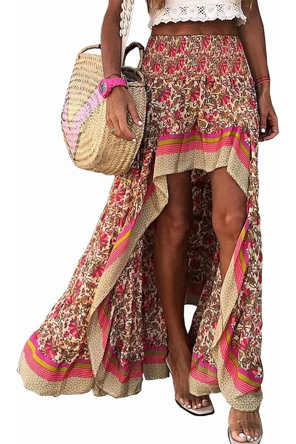 Women Summer Spring Boho Long Skirts Dress Floral Print Elastic Waist Split Ruffle High Low Beach Maxi Skirt