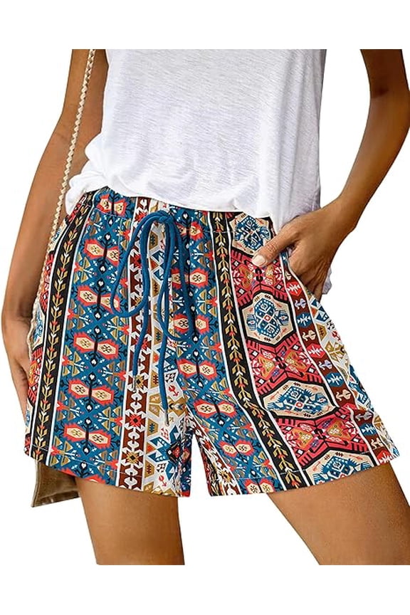 Womens Boho Summer Shorts Beach Vacation Clothes 2025 Elastic Waist Casual Printed Loose Short Lounge Pant Pockets