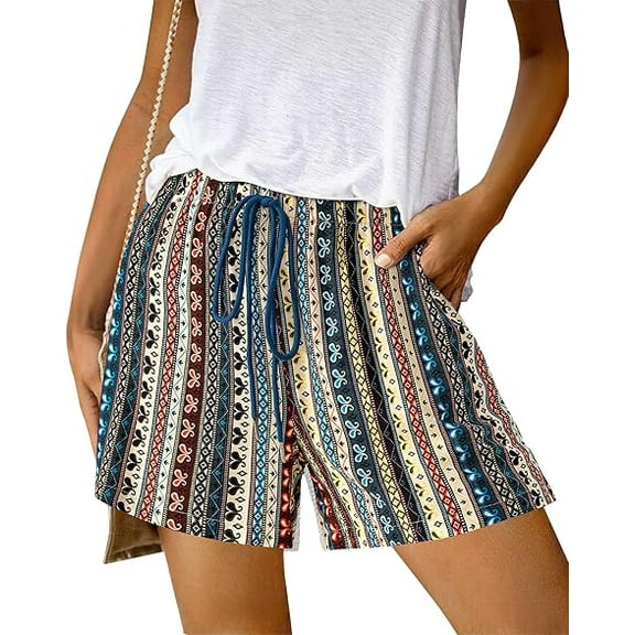 FreshPrettyWomens Boho Summer Shorts Beach Vacation Clothes 2025 Elastic Waist Casual Printed Loose Short Lounge Pant Pockets