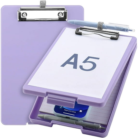 HH Small Clipboard with Storage, A5 Clipboards with Pen Holder, Half Letter Clip Boards 6x9 Mini Plastic Clipboard with Low Profile Clip for Classroom, School, Office Supplies (Light Purple)