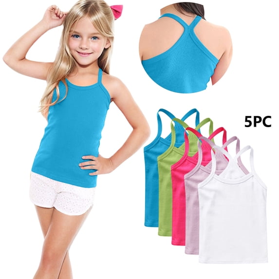 Freshbabe 5PCS Girls Racerback Tank Tops,Soft Sleeveless Undershirts, Bulk Basic Layering Tanks for 4th of July, Summer, Active and School