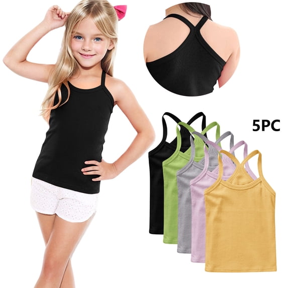 Freshbabe 5PCS Girls Racerback Tank Tops,Soft Sleeveless Undershirts, Bulk Basic Layering Tanks for 4th of July, Summer, Active and School