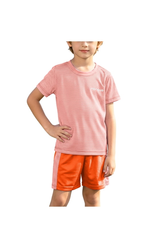 Boys Girls 2 Piece Activewear Set, Short Sleeve Crew Neck Tee and Color Block Shorts, Quick Dry Summer Sportswear, 2-13T