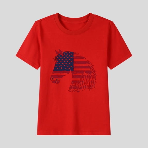 Freshbabe Boys Girls 4Th Of July American Flag Print Short Sleeve Crew Neck T-Shirt, Patriotic Casual Summer Top For Independence Day,Size2-15