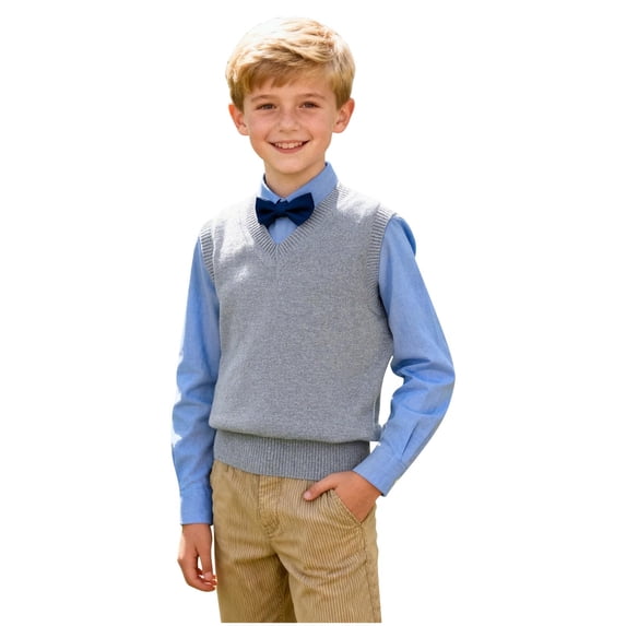 Freshbabe Boys V-Neck Knit Sweater Vest, Kids Sleeveless Formal Tank Top, Solid Color Uniform Vest for School, 4th of July Events,Size2-10