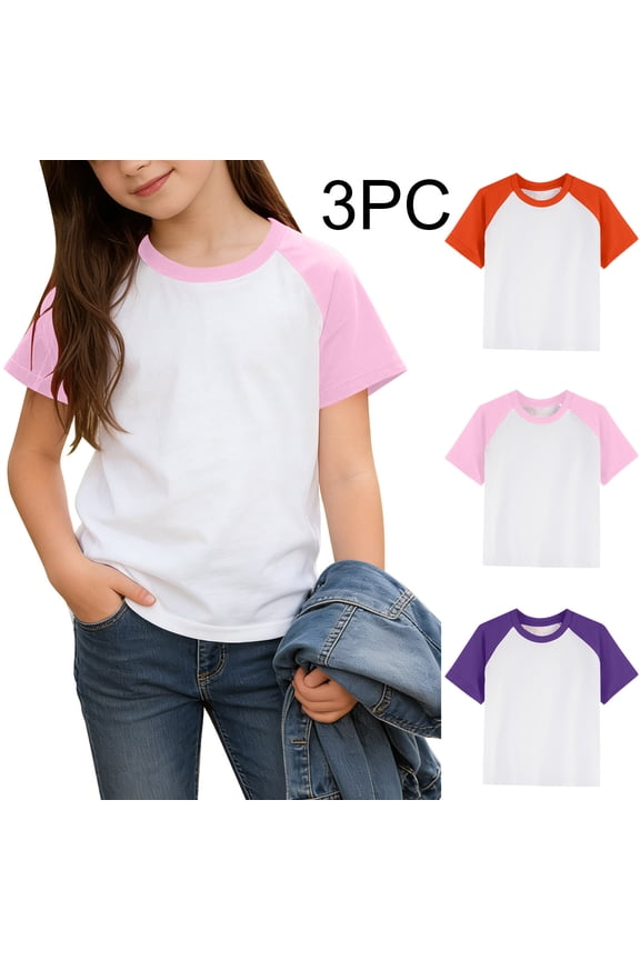 Boys and Girls Multipack Raglan T Shirts, Round Neck Short Sleeve Ringer Blank Tops, Holiday Party Custom Print Casual Tees