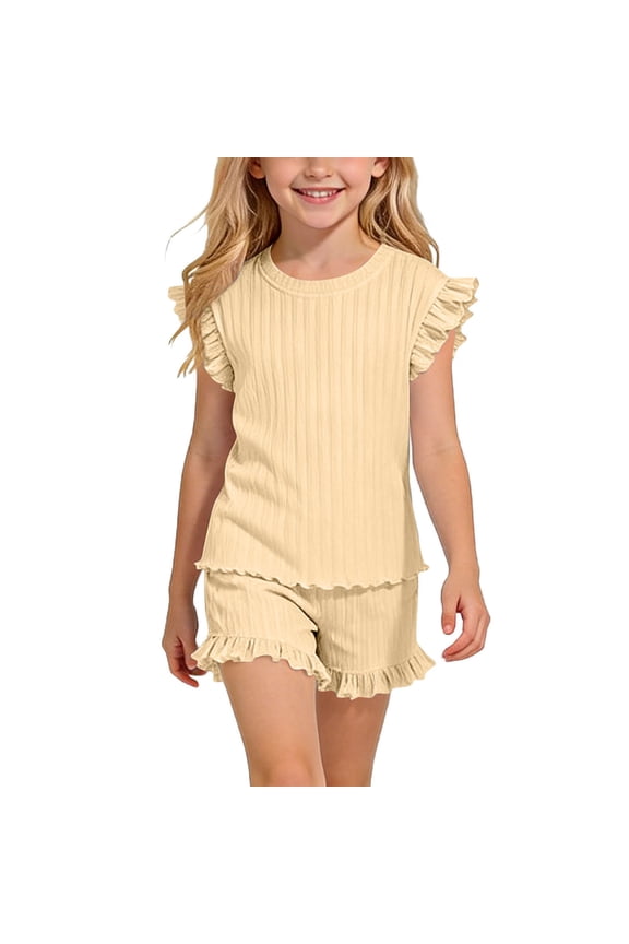 Girls 2-Piece Ruffle Trim Top And Shorts Set Soft Fabric Casual Summer Outfit For Kids,Multiple Colors Available