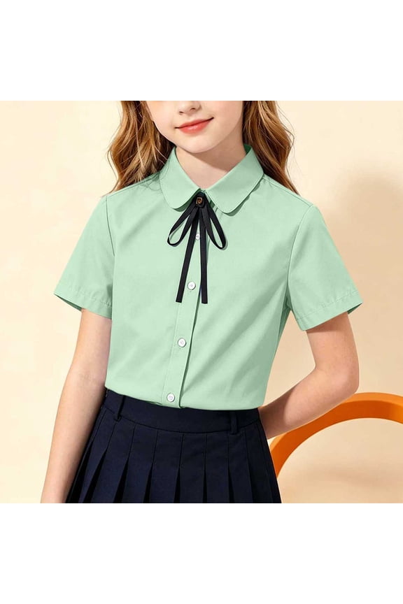 Girls 2Pcs Uniform Shirt Set, Point Collar Short Sleeve Solid Pink Button Down Blouse With Detachable Black Bow Tie, Back To School Graduation Outfit,Size 1-18