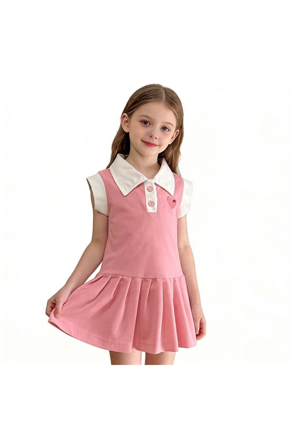 Girls Collar Pleated Dress, Cute Casual School Uniform Style Outfit with Heart Embroidery