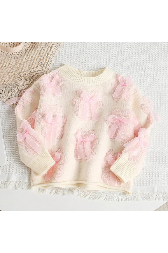 Girls Easter Bow Bear Knit Sweater, Loose Crew Neck Long Sleeve Pastel Pink 3D Ribbon Party Daily Pullover Top