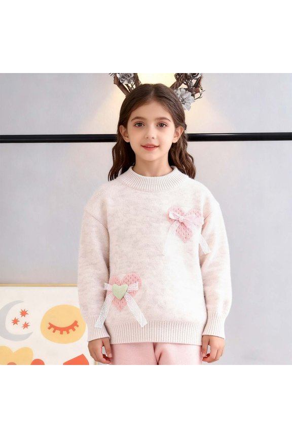 Girls Easter Lace Bow Fuzzy Sweater, Loose Mock Neck Long Sleeve Lavender Heart Decor Soft Knit Pullover