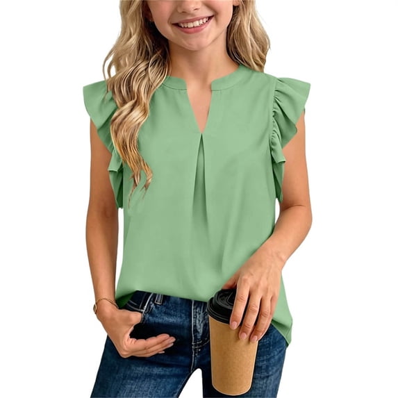 Freshbabe Girls Flowy Tank Top Blouse, Sleeveless Ruffle Sleeve V-Neck Shirt, Casual Loose Fit Summer Top for School, 4th of July and Daily Wear,Size5-14