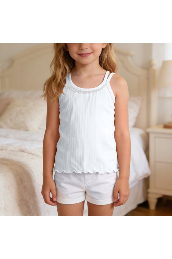 Girls Lace Trim Cami Tank Top, Solid Color Sleeveless Singlet, Cute Summer Top With Ruffle Hem, Multiple Colors Available