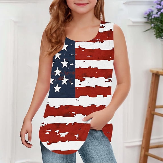 Freshbabe Girls Peplum Tank Tops, Sleeveless Ruffle Hem Blouses, Summer Casual Tops for Kids, 4th Of July Party