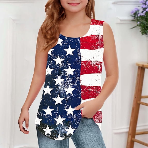 Freshbabe Girls Peplum Tank Tops, Sleeveless Ruffle Hem Blouses, Summer Casual Tops for Kids, 4th Of July Party