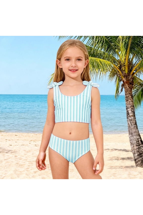 Girls Pink & White Striped Two-Piece Swimsuit, Bow Shoulder Bikini, Cute For 4Th Of July Vacations,Multiple Colors Available