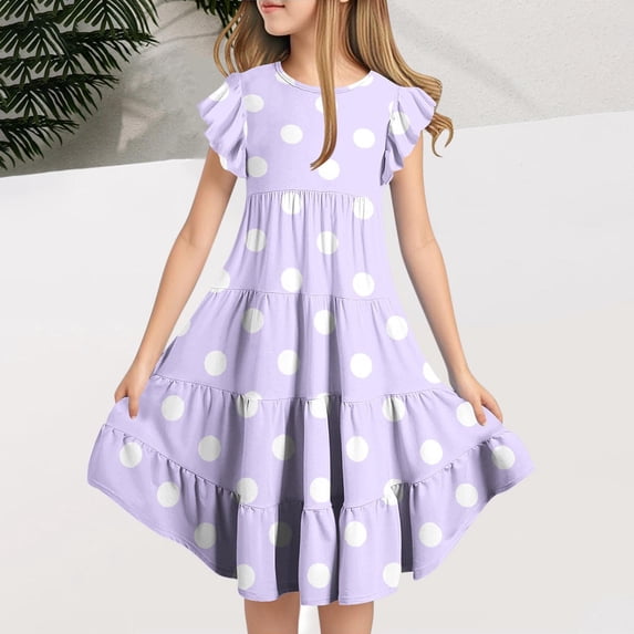 Freshbabe Girls'Polka Dot Tiered Dress, Ruffle Short Sleeve Casual Summer Dress for Kids