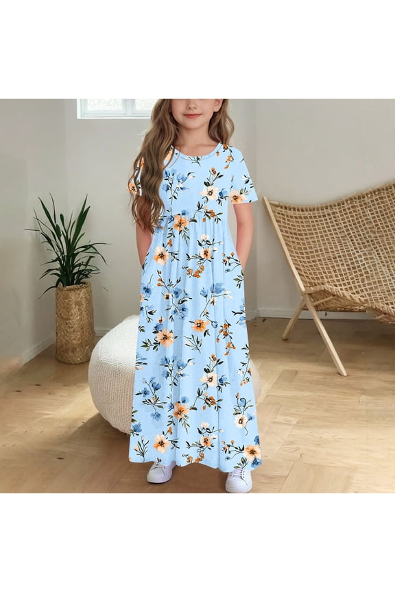Girls'Print Maxi Dress, Short Sleeve Casual Long Dress with Pockets for Spring and Summer